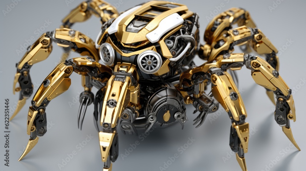 Poster a close up of a toy spider on a table. generative ai image.