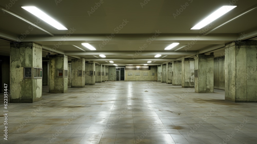 Poster a large empty building with concrete walls and flooring. generative ai image.
