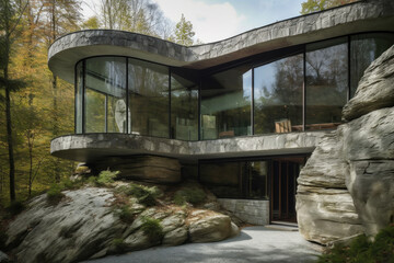 Modern country house decorated with stone stands with large glazed living room on hill among cobblestones in forest, created with Generative AI