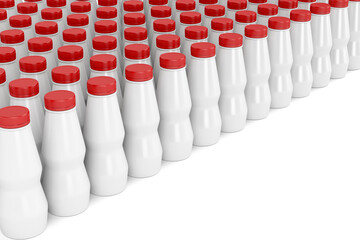 Multiple rows with plastic bottles for yogurt, milk or other liquids