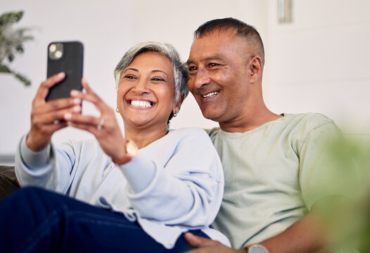 Love, selfie and happy senior couple bonding, relax and post memory picture, smile and enjoy retirement free time. Social media upload, home and elderly man, old woman or people pose for photo