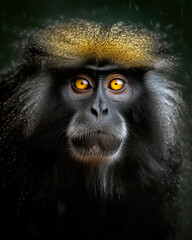 Obraz premium Beautiful portrait of black faced monkey with orange eyes under the rain. Amazing Wildlife. Generative Ai