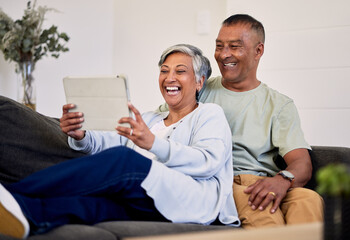Love, tablet and senior couple laughing at funny social network meme, web comic or watch comedy...