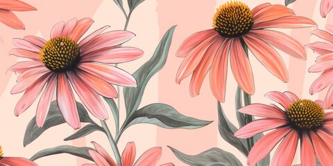 Aromatic Echinacea Herbs Background, Horizontal Watercolor Illustration. Healthy Vegetarian Diet. Ai Generated Soft Colored Watercolor Illustration with Delicious Aromatic Echinacea Herbs. - obrazy, fototapety, plakaty