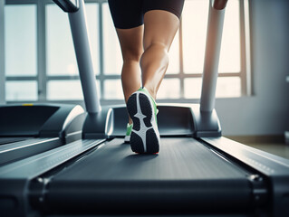 close up fat legs of man running on treadmill, workout at fitness center, gym
