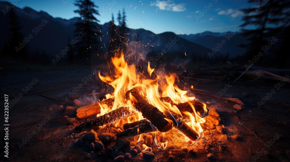 Poster a campfire in the middle of a field with mountains in the background. generative ai image.