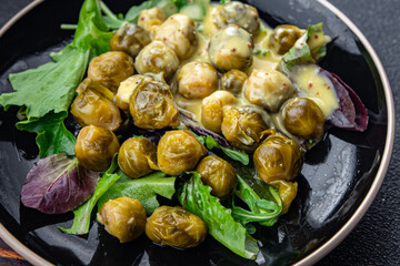 Brussels sprouts mustard sauce vegetable food meal food snack on the table copy space food background rustic top view