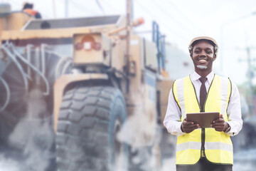 African civil engineering standing against the truck with holding tablet in hands. The technician...