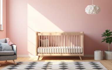 Cozy toddler bedroom with white chest of drawers and parquet floor. Natural light filters through window blinds, casting a warm glow on pink walls. interior design background 3D