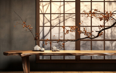 Zen-inspired Luxury: 3D Wooden Table with Dried Branch, Sunlight, Japanese Wall, Asian Style Background