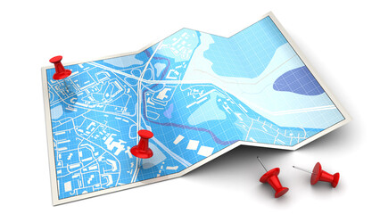 3d illustration of city map with red pins, over white background