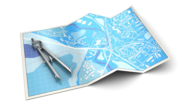 3d illustration of citry map with measure tool, cartography concept