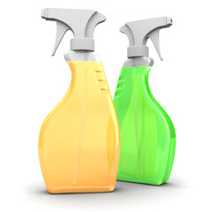 3d illustration of two spray bottles, different colors