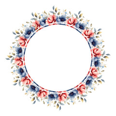 Wreath with red vintage flowers, leaves and branches in vintage watercolor style. Vector circle frame