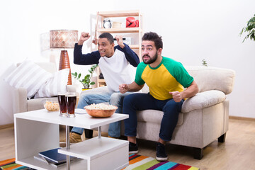 Image of friends men watching football game, screaming and shouting, drinking alcohol drinks and...