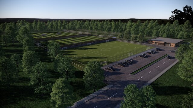 Illustration Aerial masterplan Soccer - football field training complex site plan with realistic 3d rendering architecture