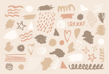 Abstract set of brush, splash, texture, drop, stroke of paint. Collection of earth tone colors heart, star, line, circle, round, wave, triangle shape. Vector illustration elements on beige background