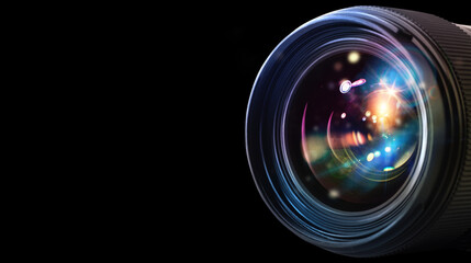 Professional lens of reflex camera with light effects