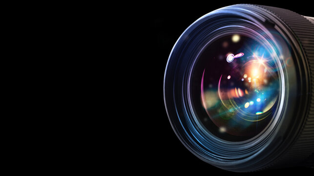 Professional lens of reflex camera with light effects