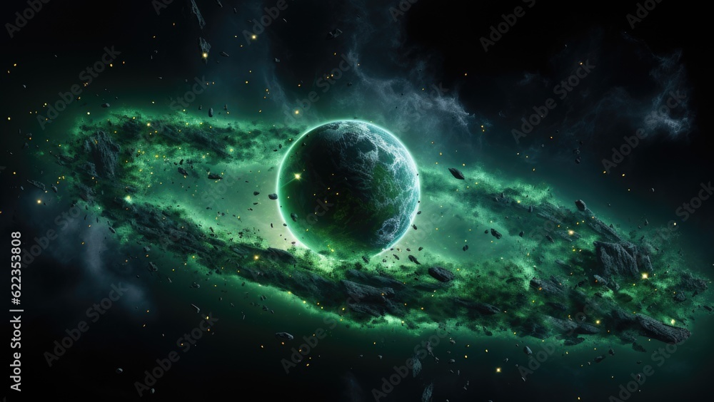 Poster an image of a green planet in space. generative ai image.