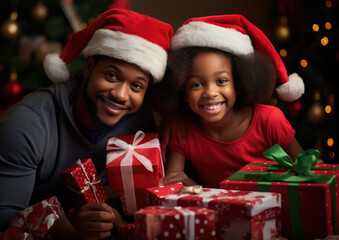 Fototapeta na wymiar Joyful Black Family Receiving Gifts with Christmas Tree in the Background. Holiday Concept AI Generative