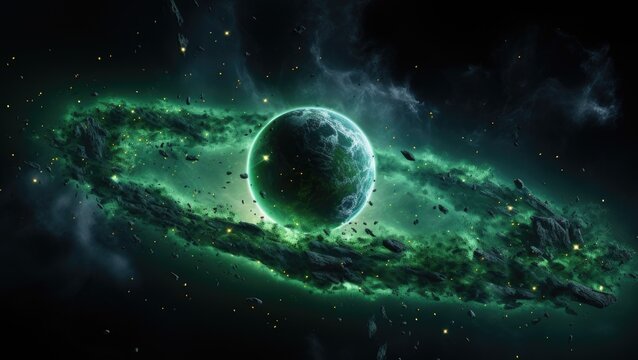 An image of a green planet in space. Generative AI image.
