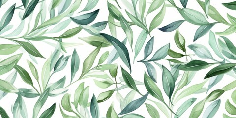 Naklejka na ściany i meble Green Tea Leaves Background, Horizontal Watercolor Illustration. Refreshing Warming Beverage. Ai Generated Soft Colored Watercolor Illustration with Aromatic Green Tea Leaves.