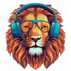 Funky cartoon king lion with headphones and sunglasses listening to music with vintage retro styling with a white background. Created using generative AI.