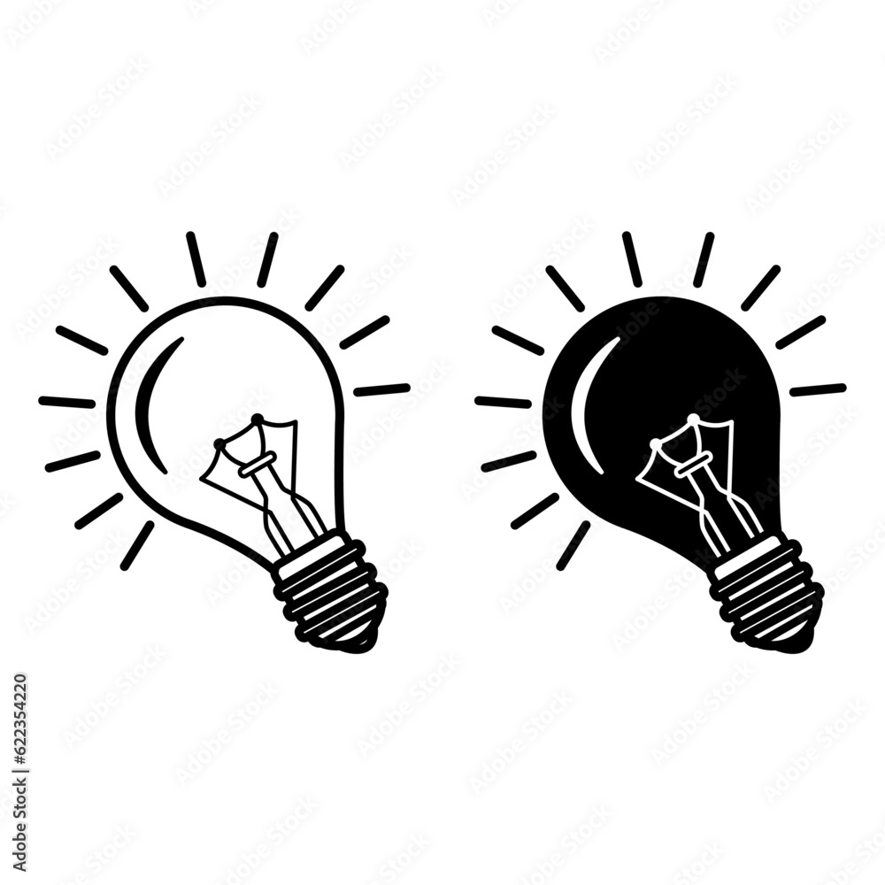 Poster light bulb icons with rays. symbol of idea, problem solving, and creative thinking. vector lamp with