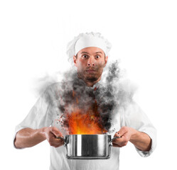 Chef shocked holding a pot with flames © Designpics