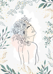 Card of woman figure with flowers, leaves, shapes in line art. Gentle silhouette young girl, bouquet, brush, drop, stroke of paint. Female portrait floral vector illustration. Greeting invitation card