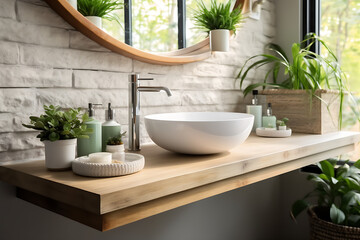 interior design of white modern bathroom. Bright room. Modern interior. Green plants on wooden counter and bathroom sink. created generative ai.