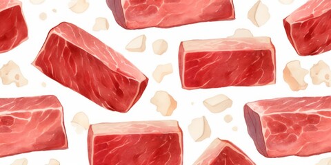 Delicious Corned Beef Meat Product Background, Horizontal Watercolor Illustration. Gourmet Appetizer. Ai Generated Soft Colored Watercolor Illustration with Delicious Deli Corned Beef Meat Product.