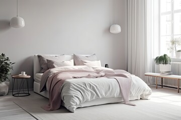 Bright details on a white bedroom. accent colors are quite peri. Mockup of an empty wall. a large space bed set. Generative AI