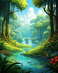 A stream flows through a lush green forest with a small waterfall. (Generative AI)