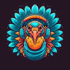 Funky cartoon turkey with headphones listening to music with vintage retro styling with a black background. Created using generative AI. - obrazy, fototapety, plakaty