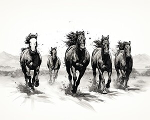 Fototapeta na wymiar A herd of horses swiftly galloping, raising clouds of dust. (Generative AI)