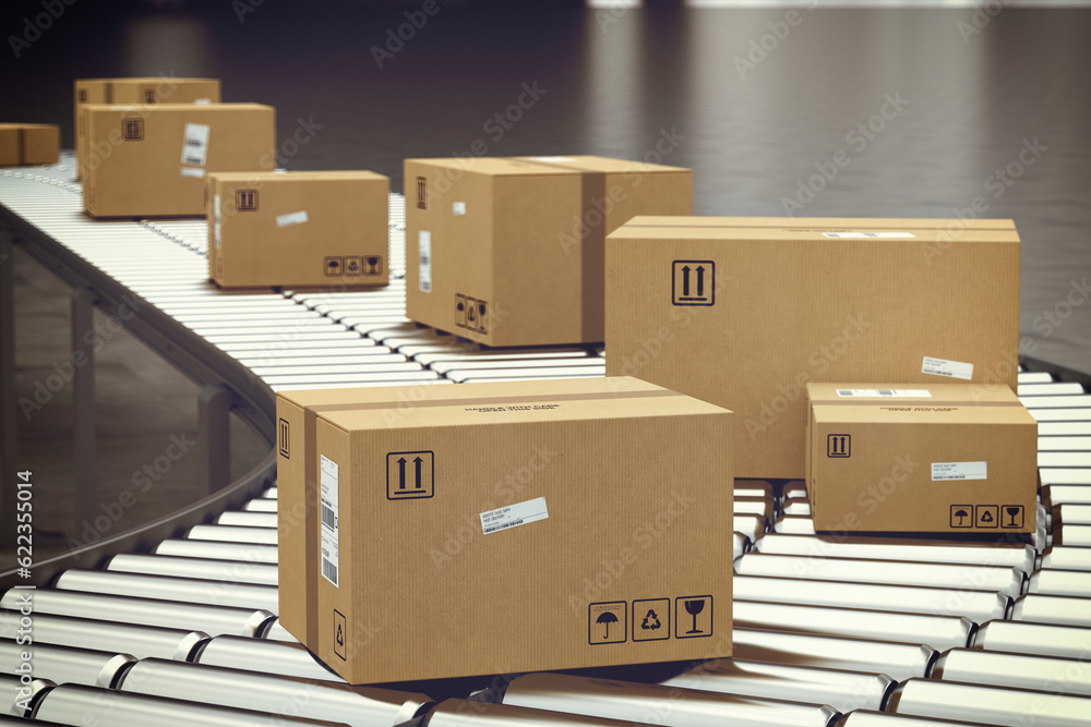 Poster closed cardboard boxes and wrapped with adhesive on conveyor roller. 3d rendering