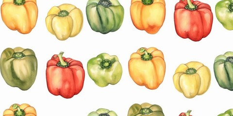 Fresh Organic Bell Pepper Vegetable Background, Horizontal Watercolor Illustration. Healthy Vegetarian Diet. Ai Generated Soft Colored Watercolor Illustration with Delicious Juicy Bell Pepper.