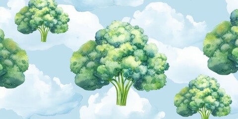 Fresh Organic Broccoli Vegetable Background, Horizontal Watercolor Illustration. Healthy Vegetarian Diet. Ai Generated Soft Colored Watercolor Illustration with Delicious Juicy Broccoli Vegetable.