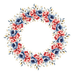 Wreath with red vintage flowers, leaves and branches in vintage watercolor style. Vector circle frame