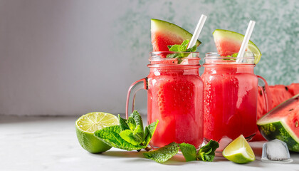 Fresh red watermelon slice and smoothie in glass jar with straw, ice, mint, lime on light background, copy space