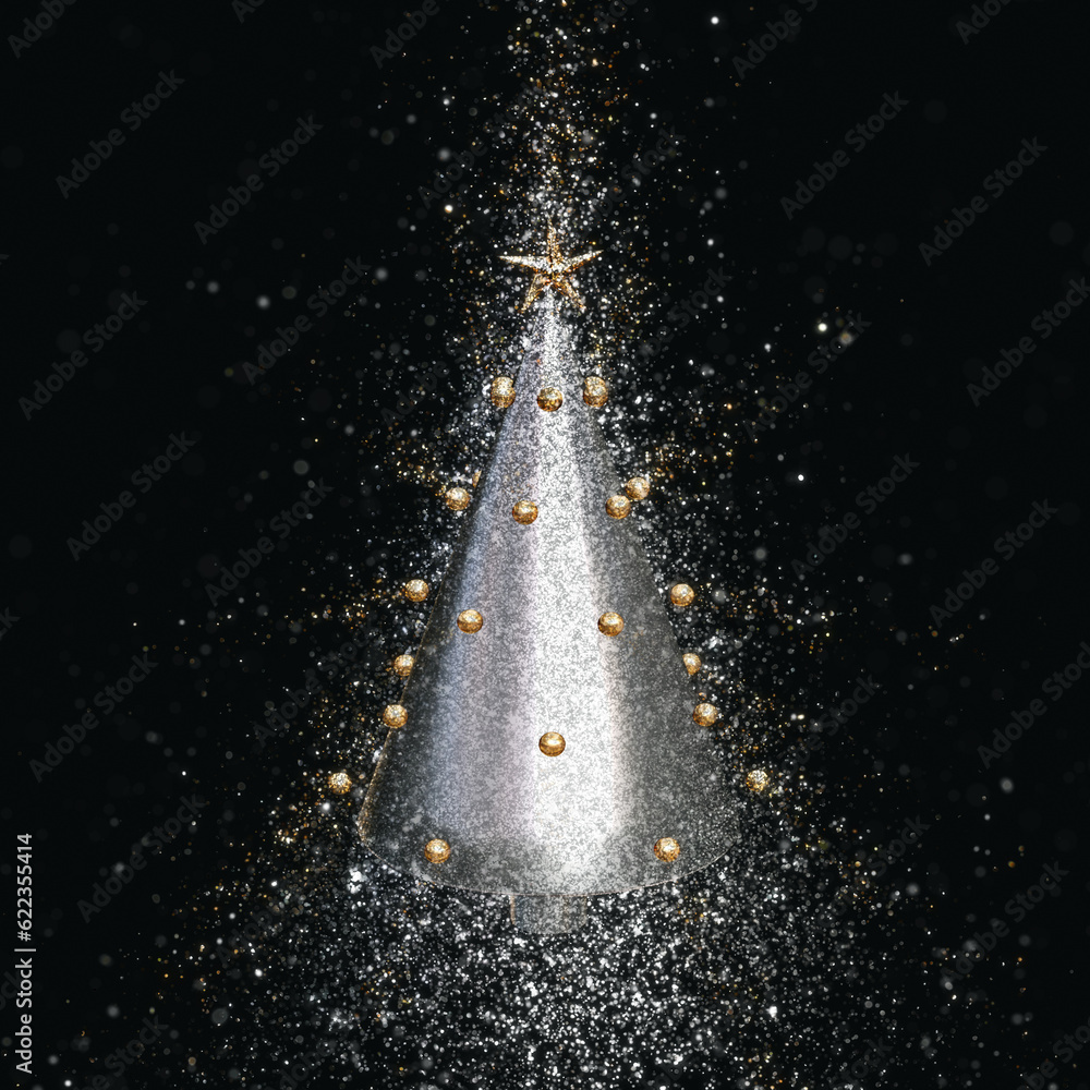 Poster 3d render of a silver christmas tree with an exploding glitter effect