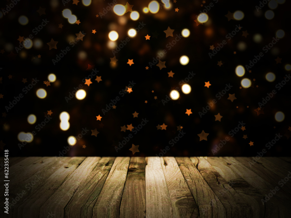 Poster 3d render of a wooden table with a defocussed christmas bokeh lights in the background