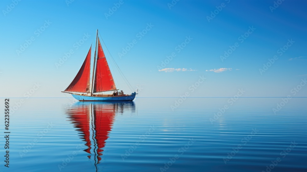Poster a sailboat with a red sail is in the water. generative ai image.