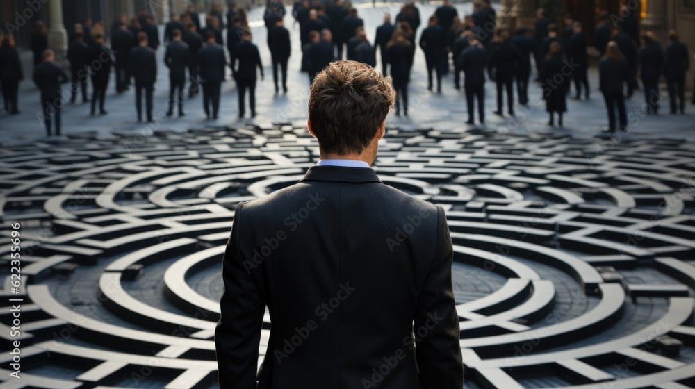 Poster a man in a suit standing in front of a maze. generative ai image.