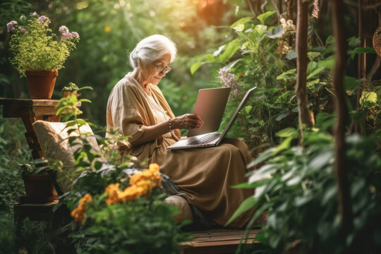 Mature woman working in her garden using laptop.