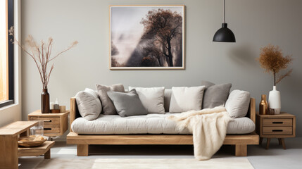 Modern living room interior with sofa, coffee table and paintings on wall.. Generative AI.