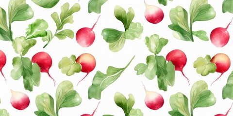 Fresh Organic Radish Vegetable Background, Horizontal Watercolor Illustration. Healthy Vegetarian Diet. Ai Generated Soft Colored Watercolor Illustration with Delicious Juicy Radish Vegetable.