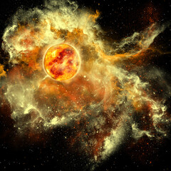 Fototapeta na wymiar A sun gathers surrounding matter and plasma to become a larger and larger sphere in the universe.